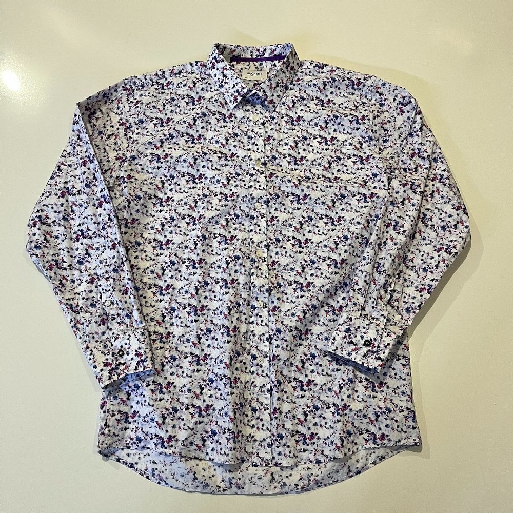 New DUCHAMP Button Down Dress Shirt Men's Floral Stretch Flip Cuff Size L